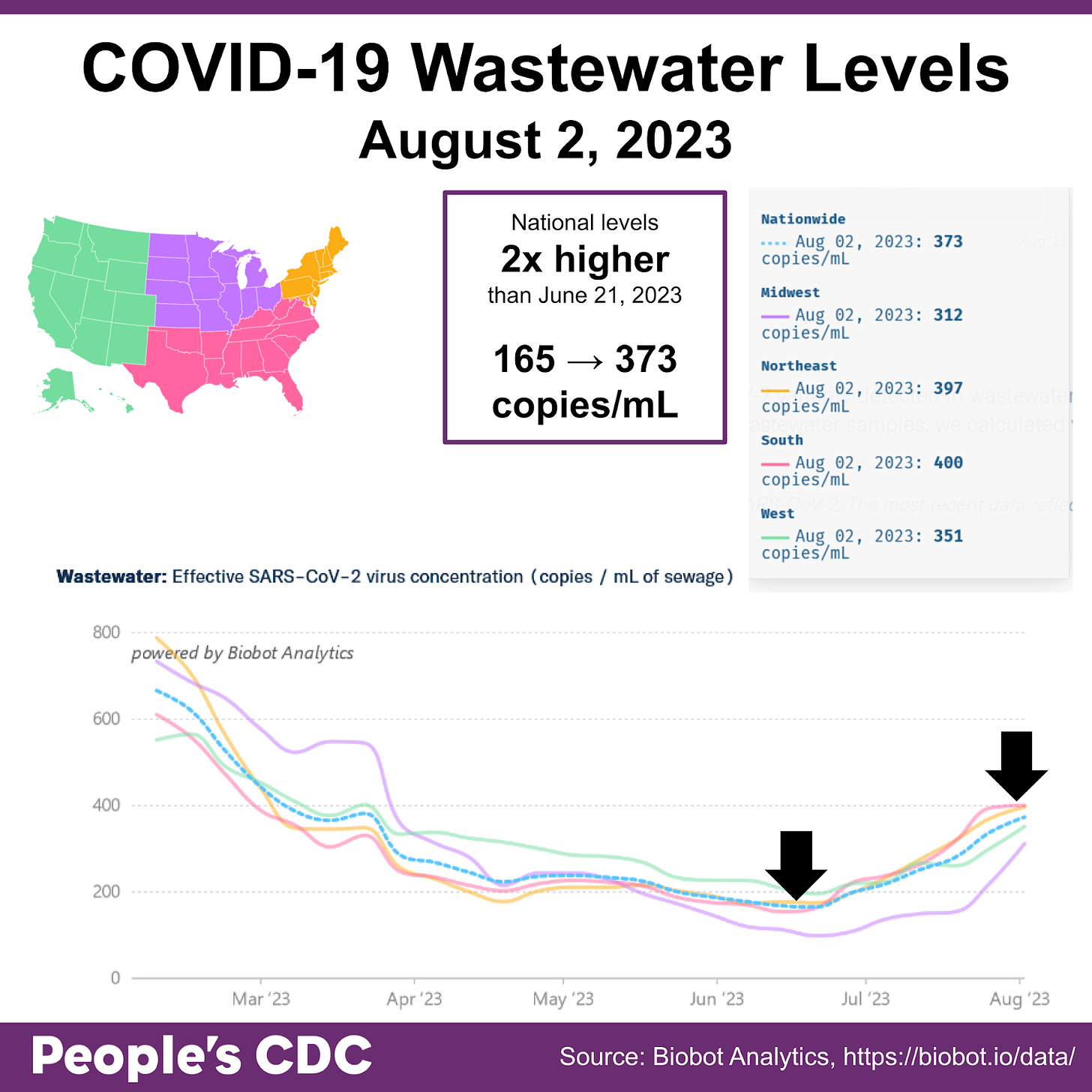 Title reads “COVID-19 Wastewater Levels August 2, 2023.” A map of the United States in the upper left corner serves as a key. The West is green, Midwest is purple, South is pink, and Northeast is orange. Text in the middle surrounded by a purple square reads “National Levels 2x higher than June 21, 2023. 165 → 373 copies/mL.” A graph on the bottom is titled “Wastewater: Effective SARS-CoV-2 virus concentration (copies / mL of sewage).” On the bottom, a line graph shows Mar 2023 through Aug 2023. The line graph shows X-axis labels March ‘23 and Aug ‘23 with regional virus concentrations showing a decrease in all regions from March to mid-June, but rising from mid June to August nationwide. One black arrow points to the graph in mid June where nationwide virus concentration is 165 copies/mL. Another black arrow points to the graph in August where nationwide virus concentration has increased to 373 copies/mL. A key on the upper right states concentration as of August 2, 2023: 373 copies / mL (Nationwide), 312 copies / mL (Midwest), 397 copies / mL (Northeast), 400 copies / mL (Southeast), and 351 copies / mL (West).