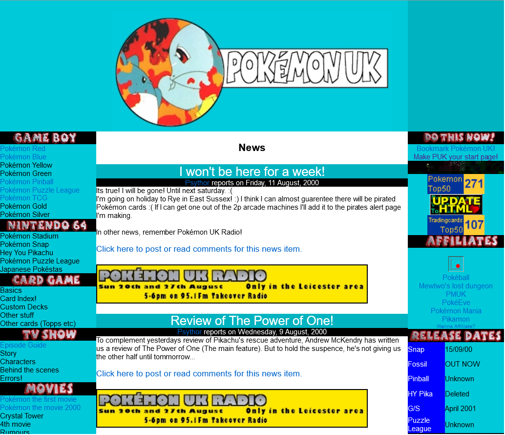 A screenshot of Pokémon UK, the name of PKMN.NET during its early days, from around August 2000