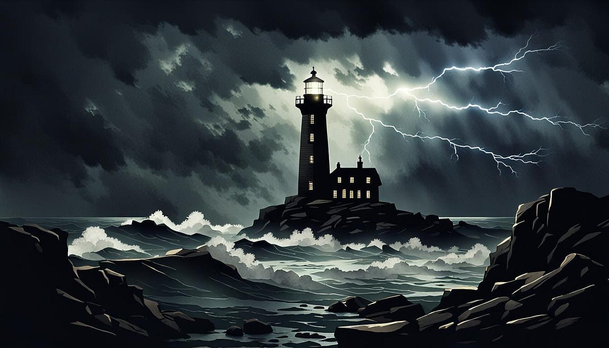 Lighthouse at night in lightning storm Lighthouse at night in lightning storm