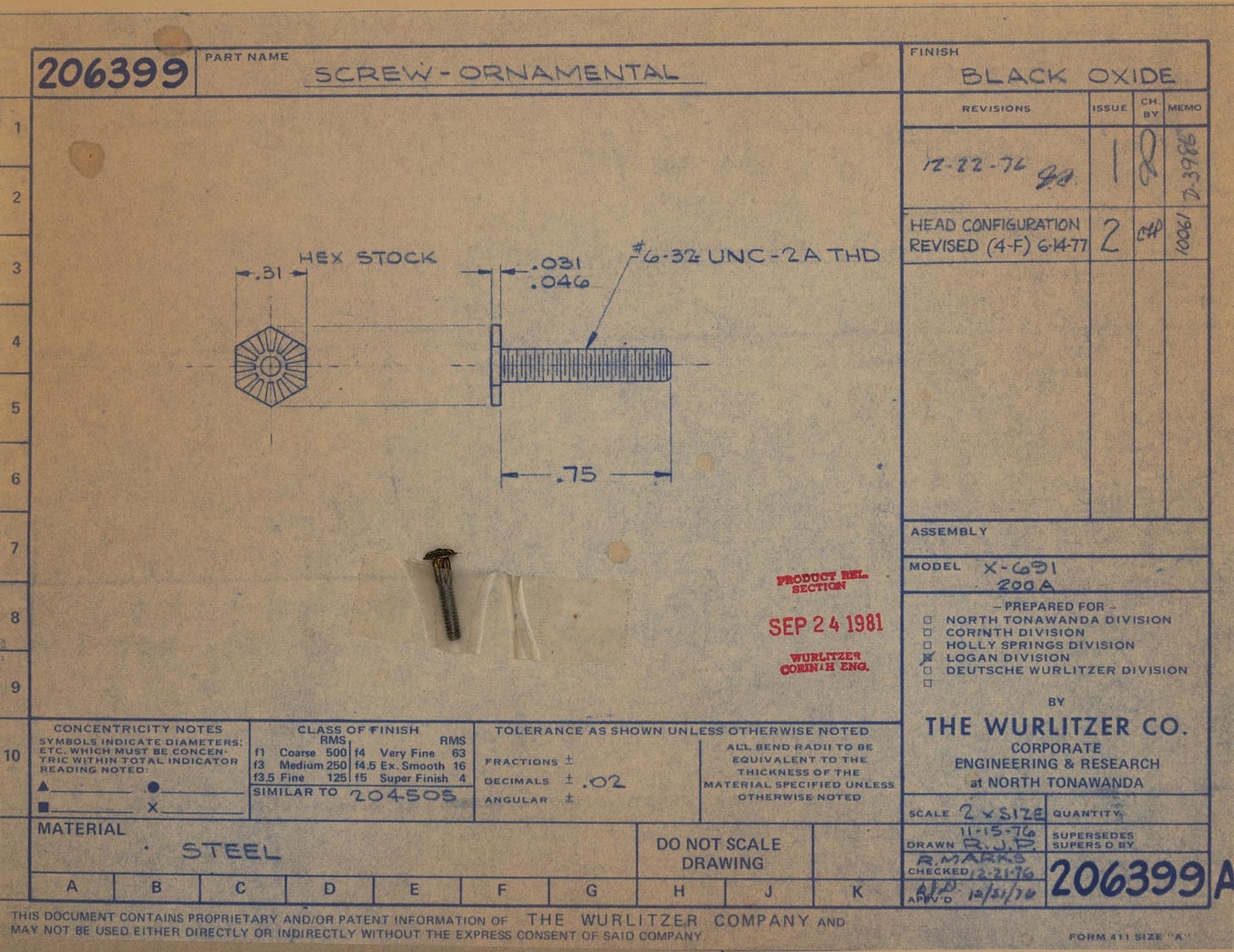 The blueprint drawing of the Wurlitzer 200a speaker screw, with a different speaker screw taped to it.