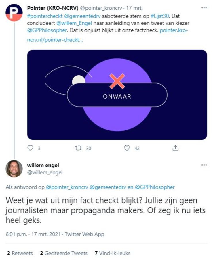 Tweet waarin Pointer de factcheck deelde met daaronder de reactie van Willem Engel