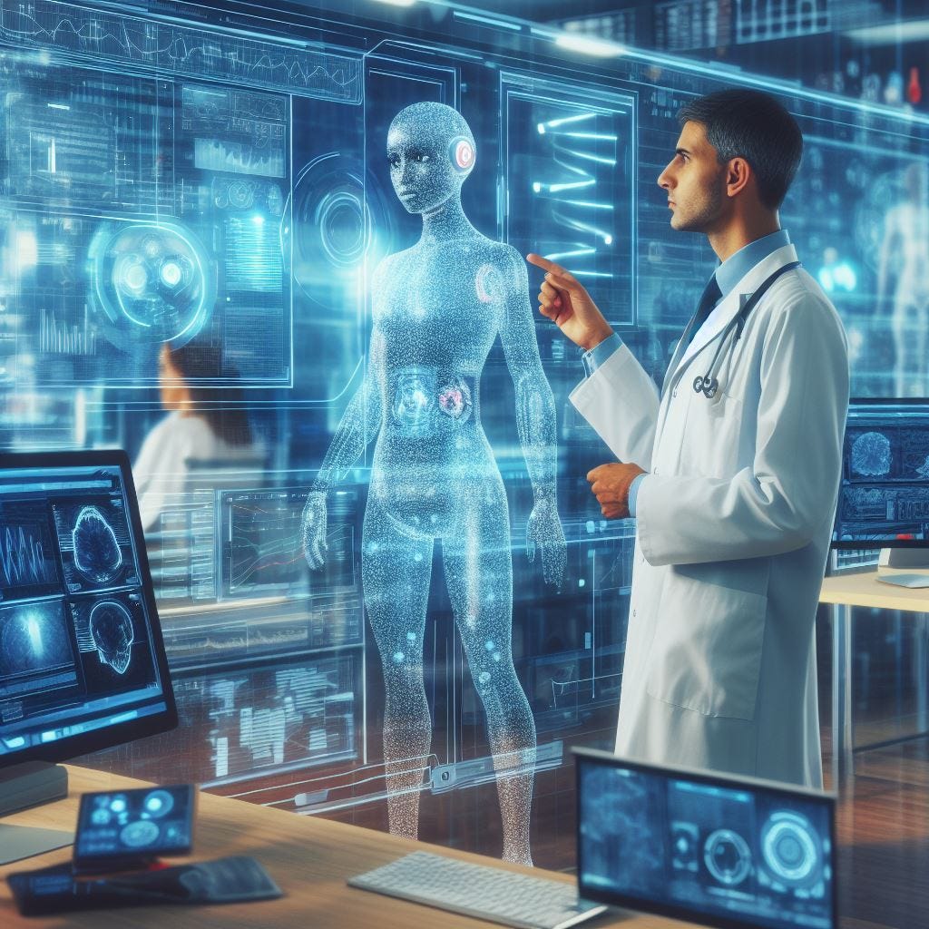 A futuristic image of an AI agent assistant working alongside a doctor in an office full of screens showing streams of data on the monitors.
