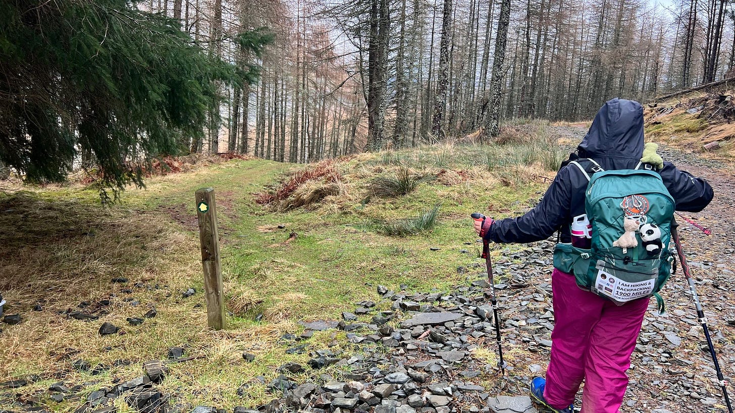 The Rob Roy Way takes the track on the left towards Aberfeldy that could easily be missed