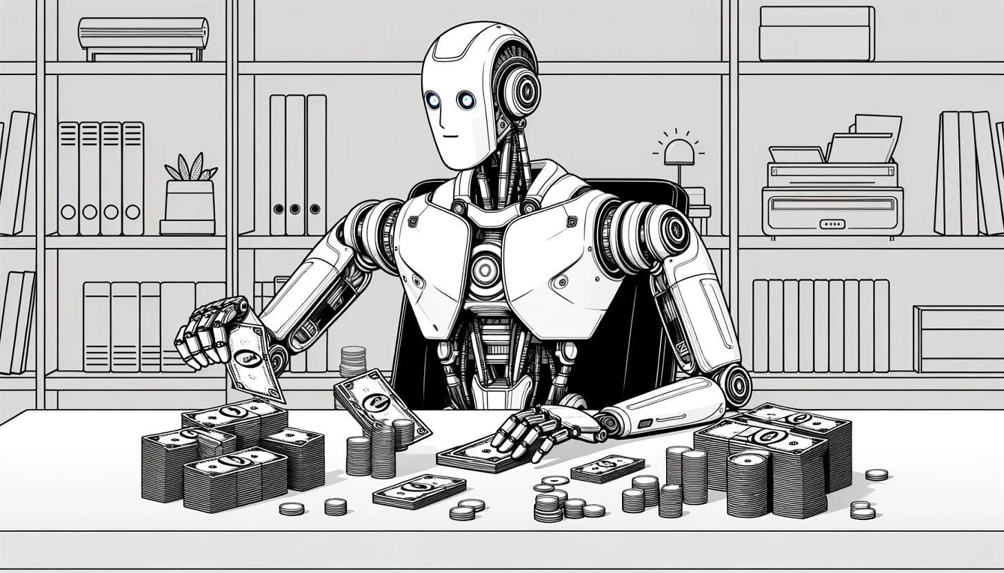 A robot counting money. The robot should have a sleek, modern design with sharp angles and LED lights, and look cool and sophisticated. The scene should be set in an office environment with a desk covered in stacks of cash and coins. The style should be lineart, with clean, simple lines and a 16:9 aspect ratio.