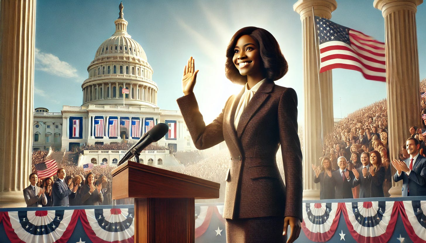 A powerful scene capturing a historic moment as a Black and Asian woman is inaugurated as President. She stands confidently at a podium with the U.S. Capitol building behind her, a crowd cheering in the background. She is dressed in an elegant suit, symbolizing leadership and dignity, with a warm smile and hand raised for the oath. The American flag waves prominently nearby, embodying pride and unity. The setting is bright, with sunlight highlighting the momentous occasion, representing hope and progress. The overall atmosphere is one of celebration, optimism, and inclusivity.