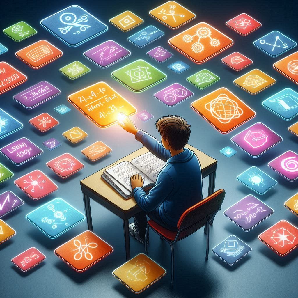 A student sitting at a desk surrounded by colorful floating flashcards, each card displaying a different subject (e.g., math formulas, vocabulary words, or historical facts). The student is reaching out to one glowing flashcard, symbolizing active recall.