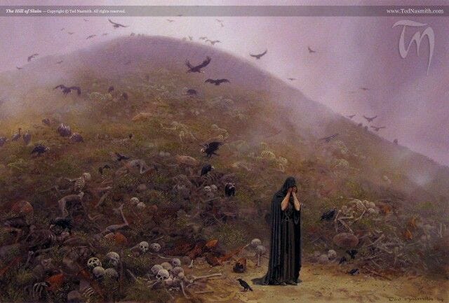 Rian weeping at The Hill of the Slain or Haudh-en-Ndengin also known as the Hill of Tears Haudh-en-Nirnaeth. History Of Middle Earth, Middle Earth Art, Minas Tirith, Tolkien Books, Tolkien Art, Tolkien Quotes, Fantasy Places, Fantasy Art, High Fantasy