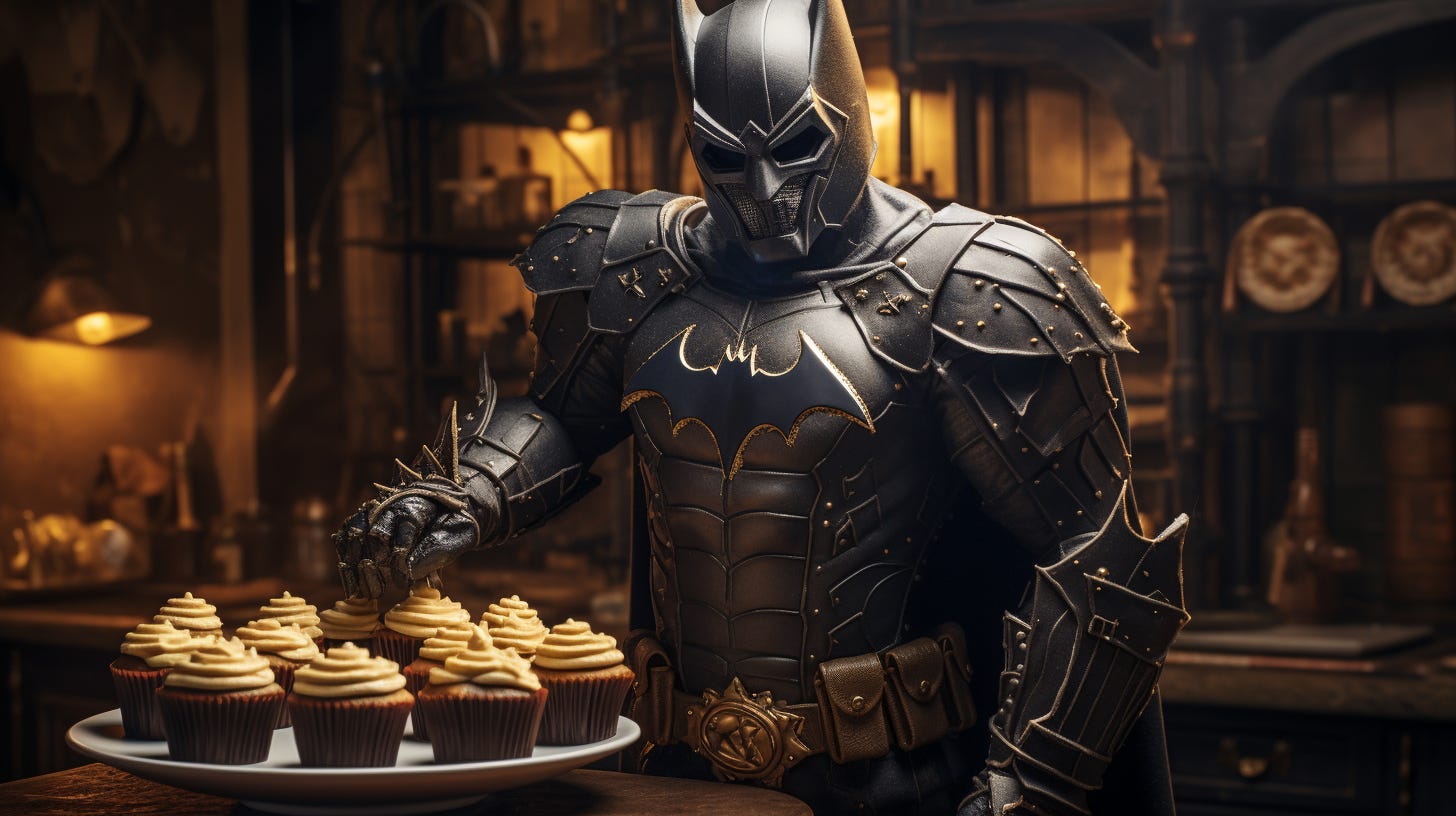 Steampunk Batman standing next to a plate of muffins. Photo generated in Midjourney.