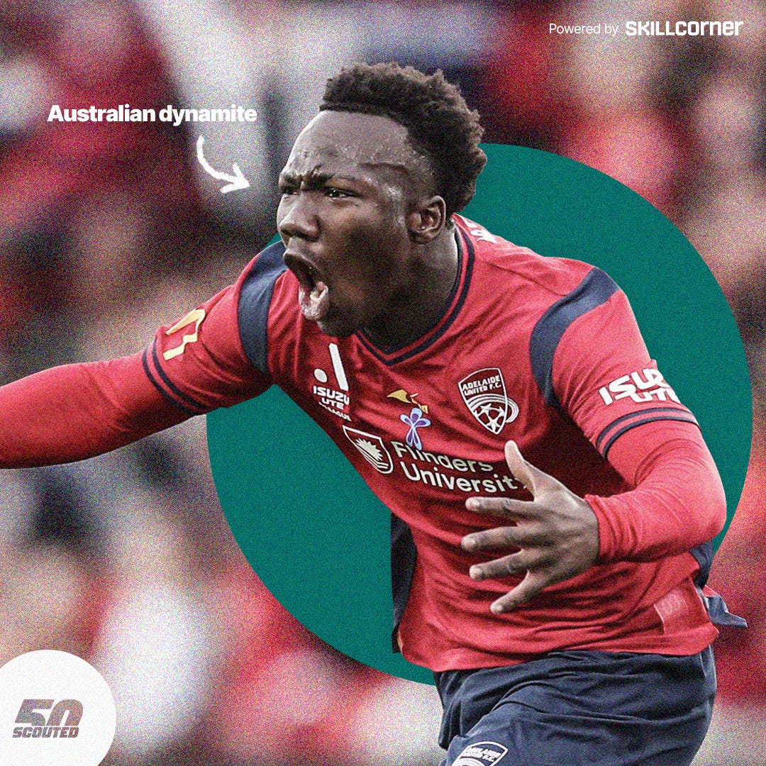 A graphic featuring a photo of Nestory Irankunda celebrating a goal. Behind him is a green circle.