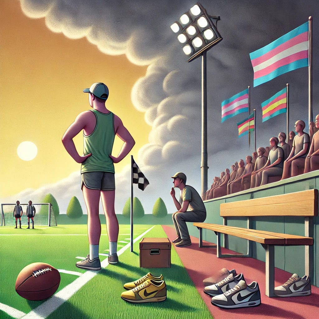 A symbolic scene at a sports field with a transgender athlete standing on the sidelines, capturing the debate around participation restrictions. No text labels.

Size: 1792x1024