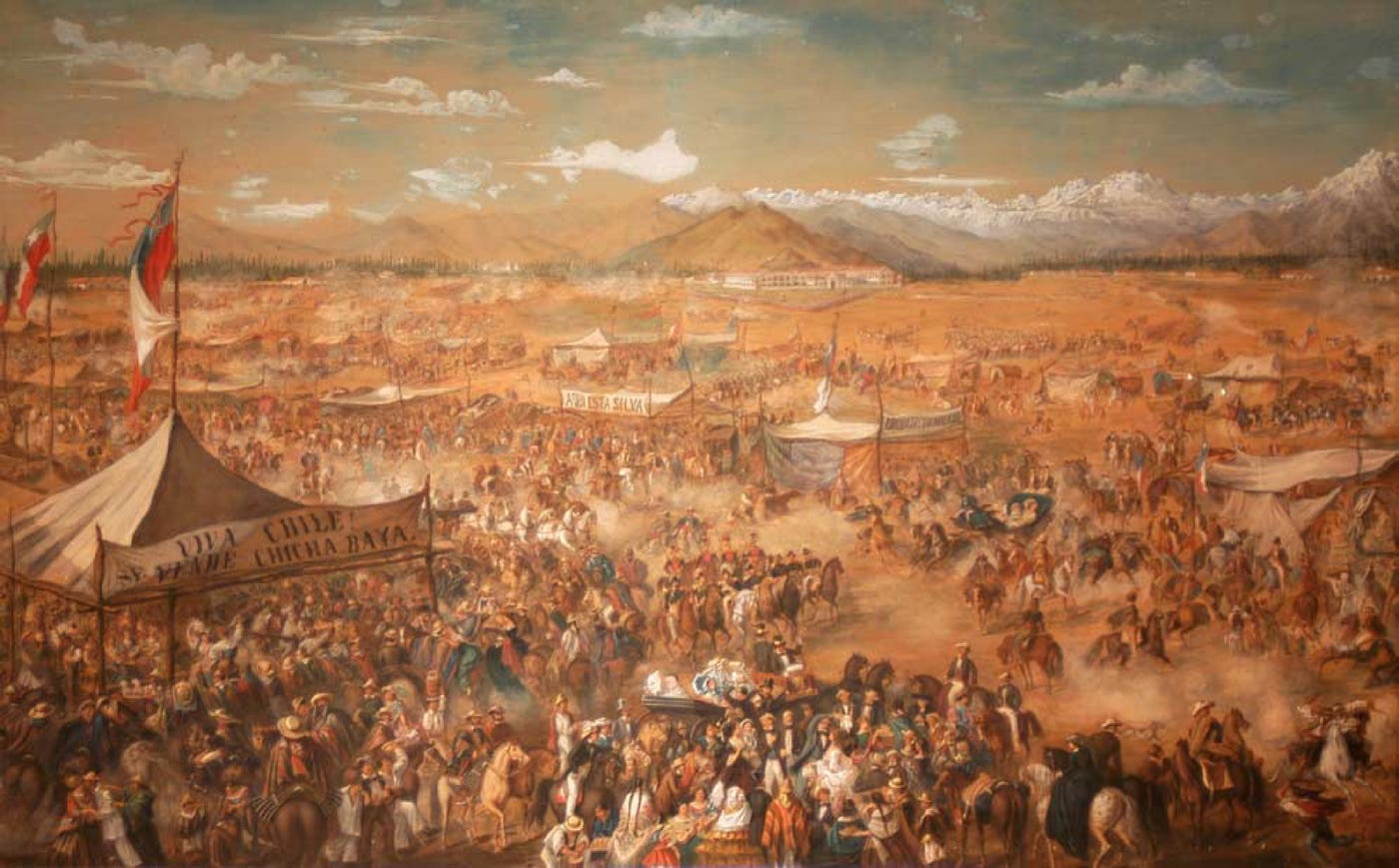 A XIXth century painting of a wide landscape of Santiago de Chile with the Andes range at the end, and then a large plaza full of people celebrating Chile's independence anniversary (celebrated on September 18th).