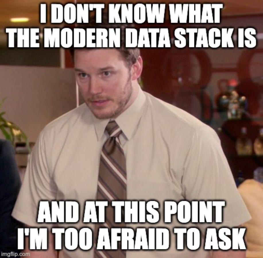 "Afraid to ask Andy" meme, where Andy the officeworker looks distressed and the caption reads "I don't know what the modern data stack is, and at this point I'm too afraid to ask."