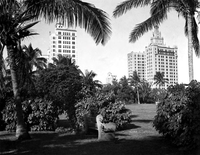 Miami Colonial and Everglades hotels from Bayfront Park on November 9, 1936. Courtesy of Miami-Dade Public Library, Romer Collection.