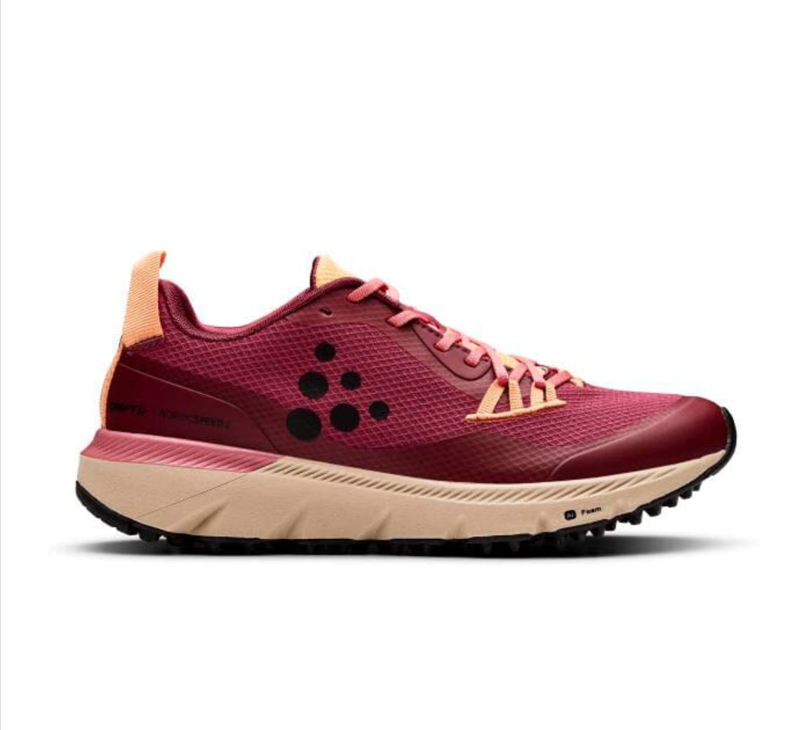 cranberry colored trail running shoes with tan base