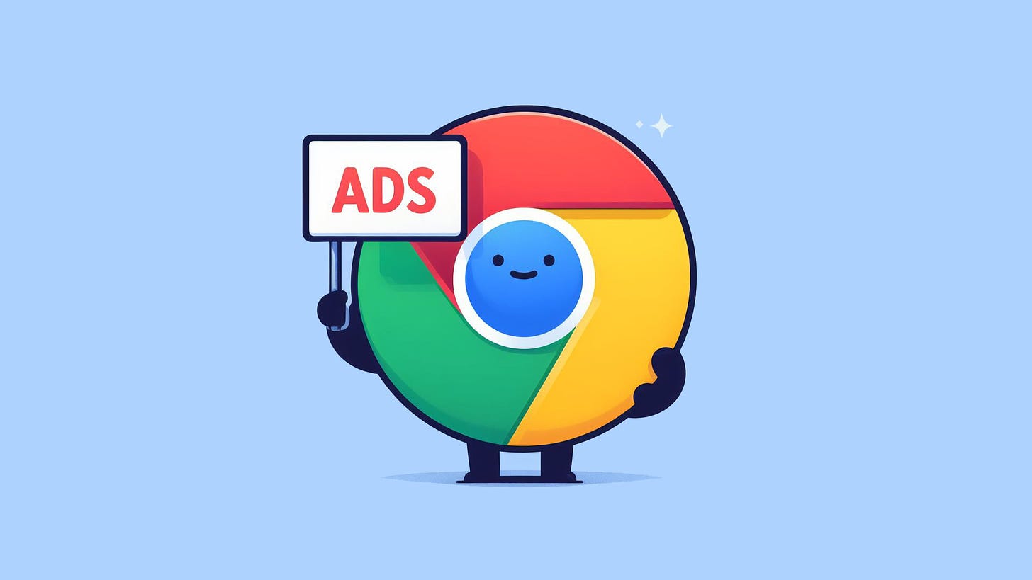Google Chrome logo holding up a sign that says Ads