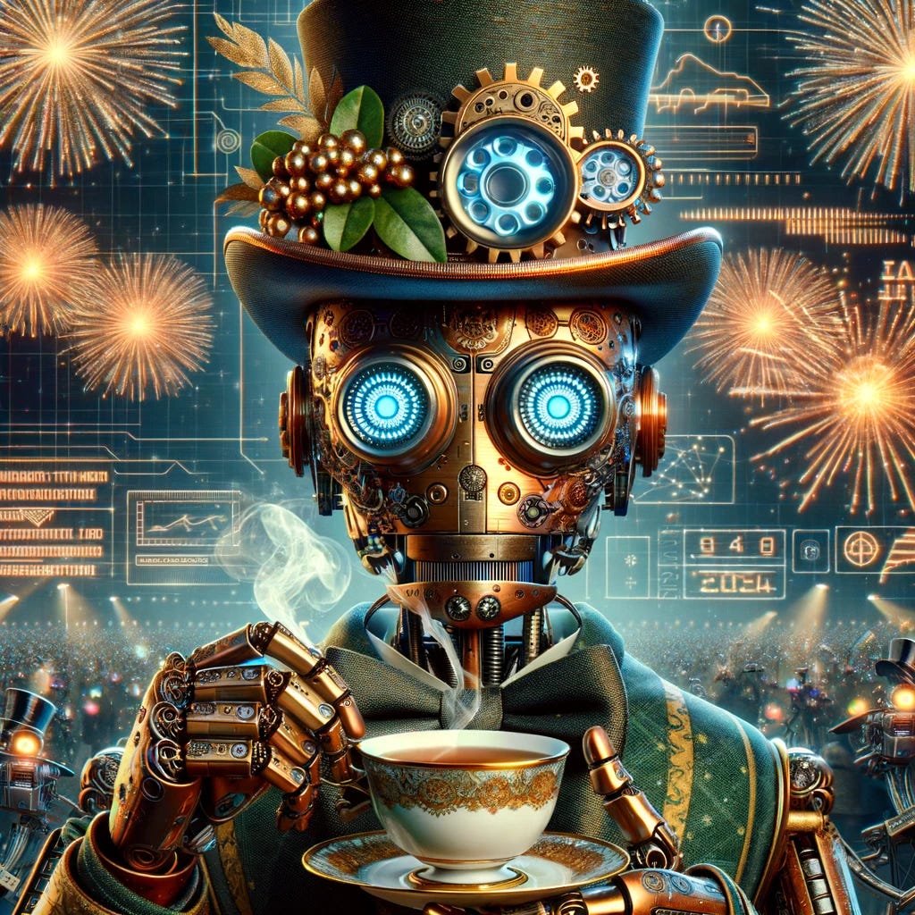 An anthropomorphic robot with a Victorian-era aesthetic, wearing a top hat adorned with gears and holding a steaming cup of tea. Its eyes are large glowing lenses, and it has a brass and copper body with intricate details and engravings. The robot is celebrating at a 2024 New Year's Eve party with a background of fireworks and digital motifs, such as binary code, circuit patterns, and holographic displays, emphasizing an AI theme. The atmosphere is festive, with other robots in the background raising their glasses in a toast.