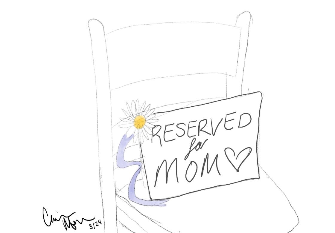 A drawing of a chair at a wedding with a place card on it that says "reserved for mom" with a heart at the end and a flower and ribbon in the corner of the place card.