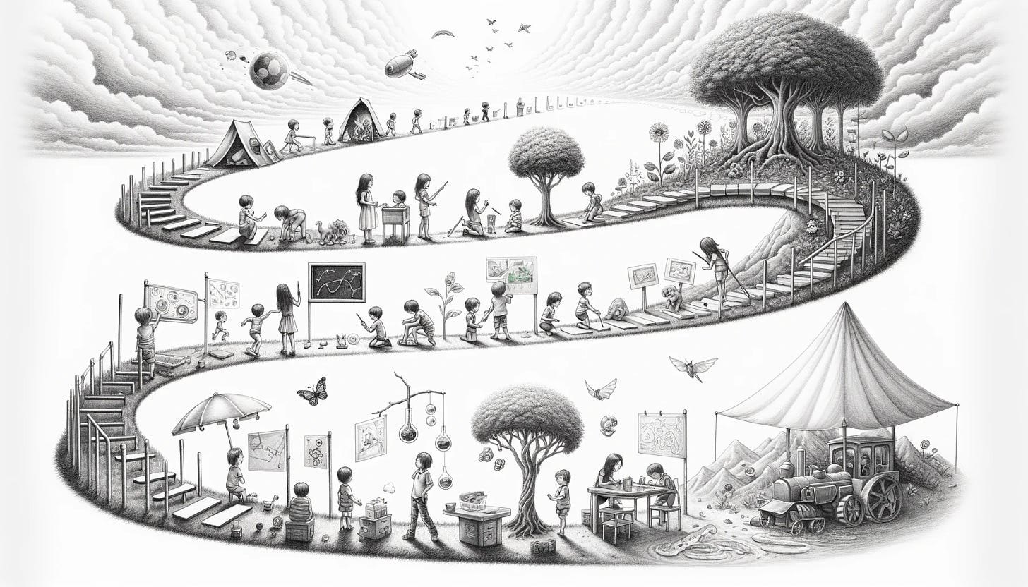 A pencil illustration in the same style as the previous, with a 2:1 aspect ratio, showcasing the concept of growing up without grades. This drawing features a continuous landscape that transitions smoothly from a young child's playful learning activities on the left to an older student's advanced projects and explorations on the right. The illustration begins with scenes of a child painting, building with blocks, and exploring nature, and evolves into more complex activities such as conducting experiments, reading, and collaborative projects, all without the presence of grades. The entire journey of learning is depicted in a joyful and exploratory manner, with a simple white background to emphasize the activities.