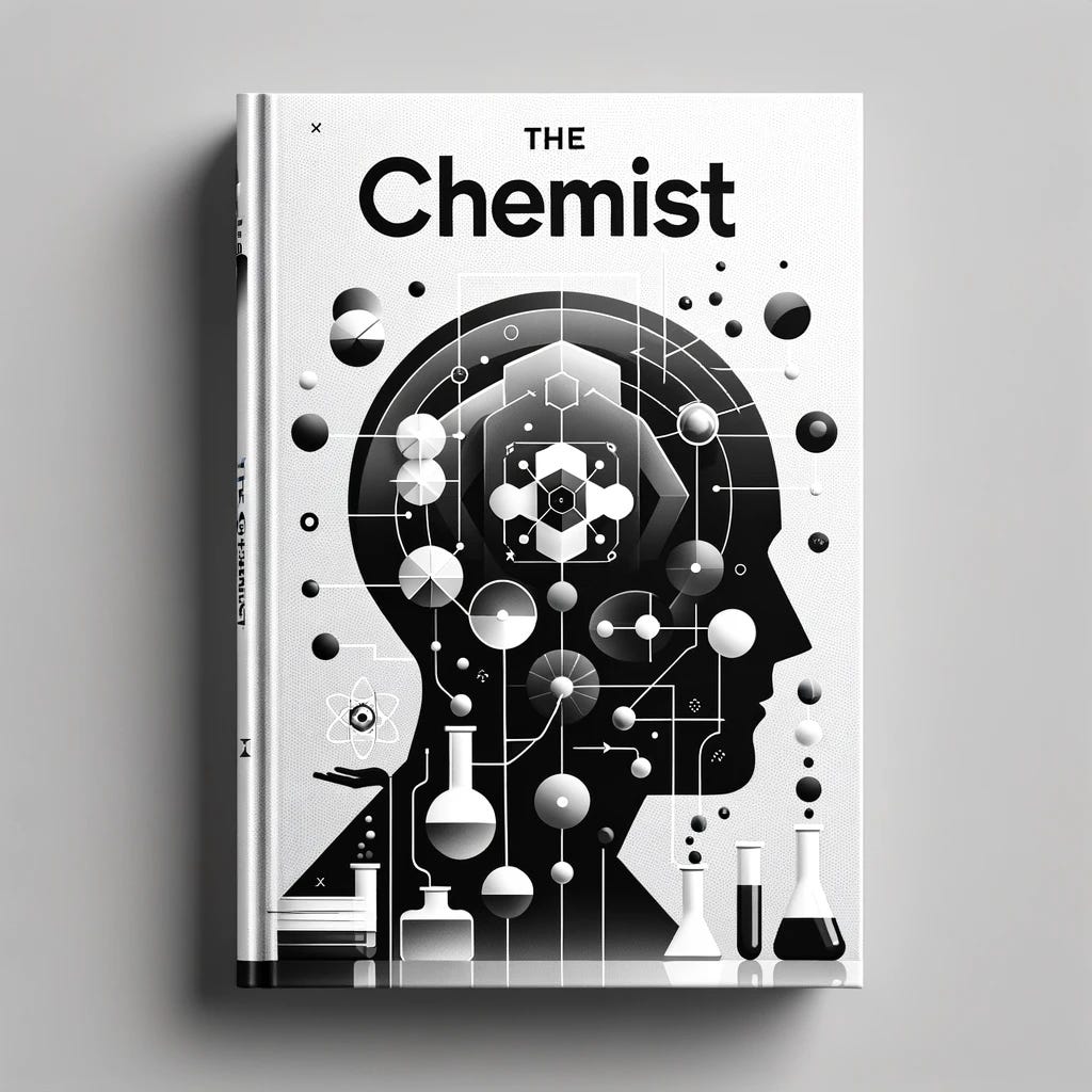 A modern and minimalist monochrome book cover for 'The Chemist'. The design features a sleek, abstract representation of a chemist's mind, symbolizing the complex and shadowy narrative within. The illustration combines elements of chemistry – like beakers, molecules, and the periodic table – with abstract shapes and shadows that suggest the turmoil and mystery of the protagonist's psyche. The overall look is clean and sophisticated, with a focus on negative space and geometric forms to convey the theme of questioning reality. The title and author's name are in a contemporary, sans-serif font, enhancing the minimalist vibe.