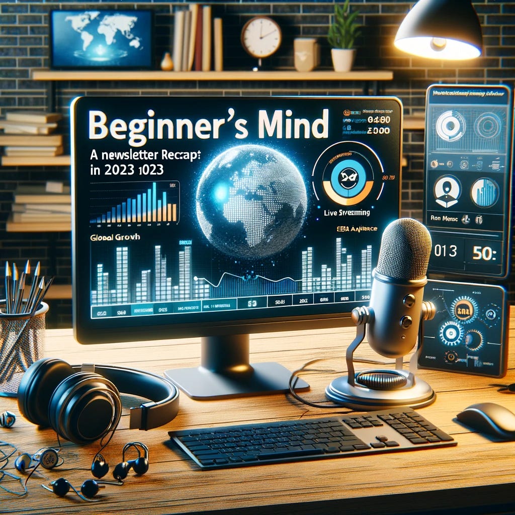 Create a photorealistic title picture for a newsletter recap of 'Beginner’s Mind' in 2023. The image should depict a modern podcast studio, with a microphone, headphones, and a computer displaying live streaming software. Include elements like charts showing audience growth, a globe representing global reach, and digital marketing tools to symbolize the podcast's expansion in the B2B sector. The setting should convey a sense of professional podcast production and digital storytelling. Add subtle details like SEO-optimized content on the screen and social media icons, highlighting the podcast's integration with digital content distribution. The mood should be one of progress and forward-thinking, representing the significant growth and impact of the podcast in the past year.