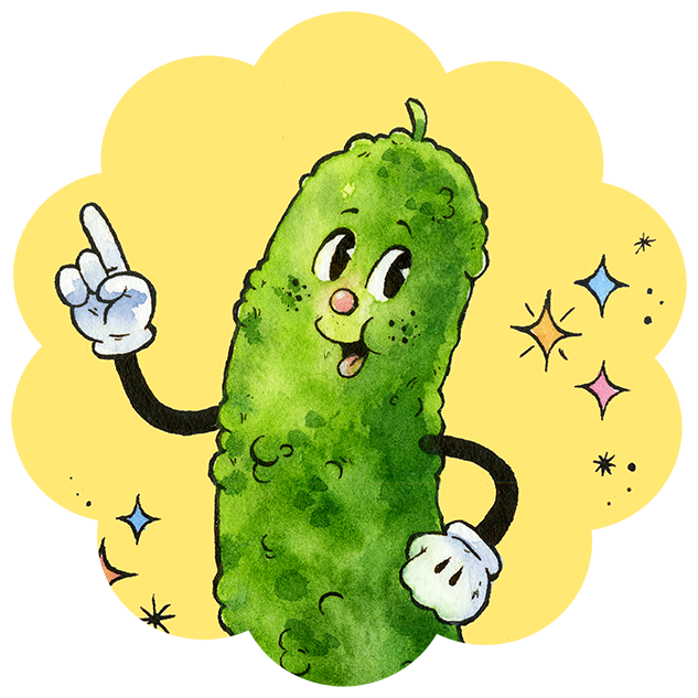 Cropped image of a handmade retro style anthropomorphic pickle.