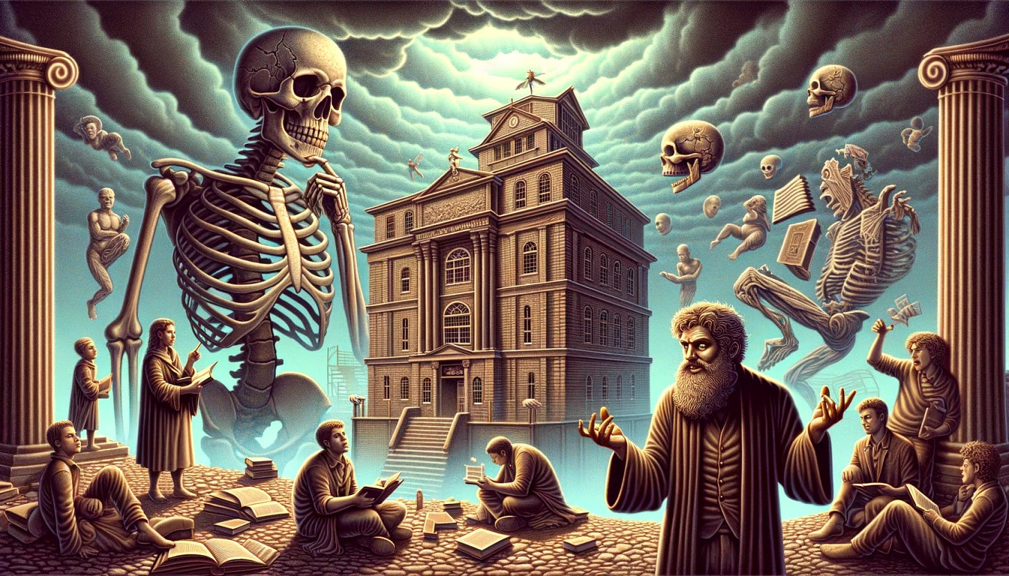 A thought-provoking hero image for a blog post critiquing traditional education systems. The image shows a large, haunting school building, symbolizing the 'school' mentioned in the text. It's partially in ruins, representing the 'twisting of young minds'. Nearby, a large, detailed skeleton, symbolizing the 'skeleton of knowledge', stands out prominently. In the foreground, a philosopher (in a style reminiscent of thinkers like Rorty or Nietzsche) is seen debating or gesturing towards the school, with a hint of frustration or revelation. The scene is set in a surreal, slightly eerie landscape, reflecting the theme of edification and the transformation of education into something lifeless. The overall mood is somber yet intellectually stimulating, capturing the essence of the philosophical critique of education systems.
