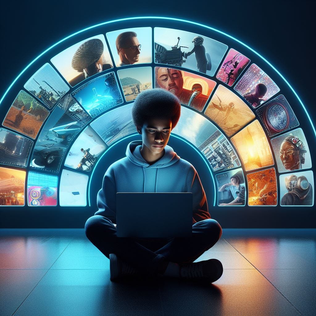 a man with laptop sitting, with background a curve screen and the crren should be multi-panel collage of different contents,the screen should be behind the boy,cinematic,pixar,neon light
