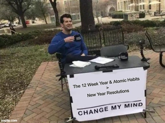 May be an image of ‎1 person and ‎text that says '‎1خ1 The 12 Week Year & Atomic Habits New Year > Resolutions imgflip.com CHANGE MY MIND‎'‎‎