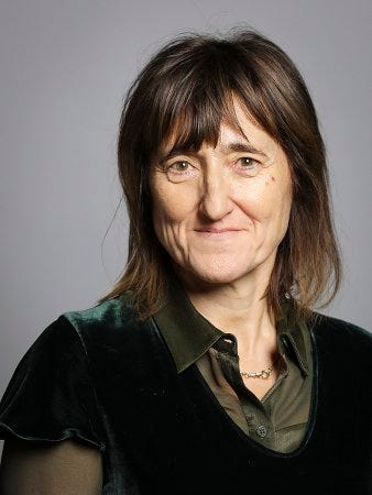 Portrait de Lady Beeban Kidron, femme élégante et souriante aux longs cheveux châtains Portrait de Lady Beeban Kidron, femme élégante et souriante aux longs cheveux châtains
