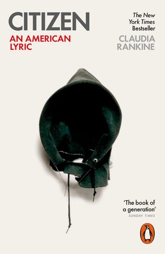 Cover of Claudia Rankine's Citizen, showing a black hood on a white ground.