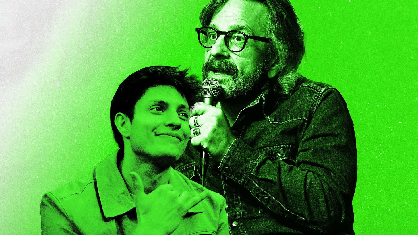 An illustration that including photos Comedians of Marc Maron and Matt Rife