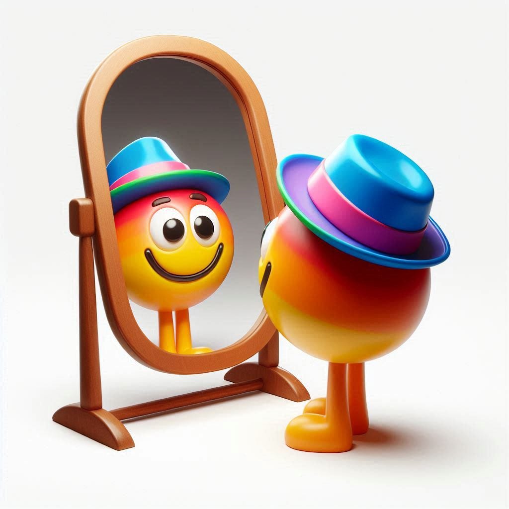 An image of an emoji looking into a big mirror and seeing its own reflection, but the hat its wearing is a different colour in its reflection funny, colourful and humourous