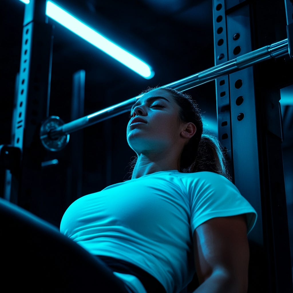 Strong female powerlifter resting between sets and feeling tight.