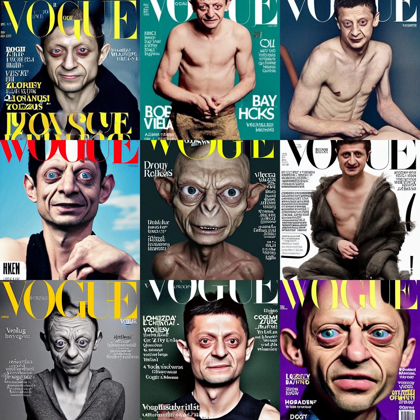 Prompt: Volodymyr Zelenskyas as Gollum on the cover of the Vogue magazine