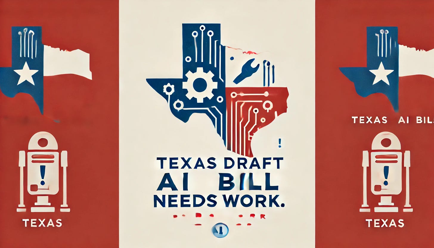 A minimalist landscape graphic using red, white, and blue to represent 'Texas Draft AI Bill Needs Work.' The design features the outline of Texas with a gear and circuit symbol, representing AI and technology, and an exclamation mark to indicate that improvement is needed. The style is clean and simple, with a patriotic color scheme, and only the title as text.