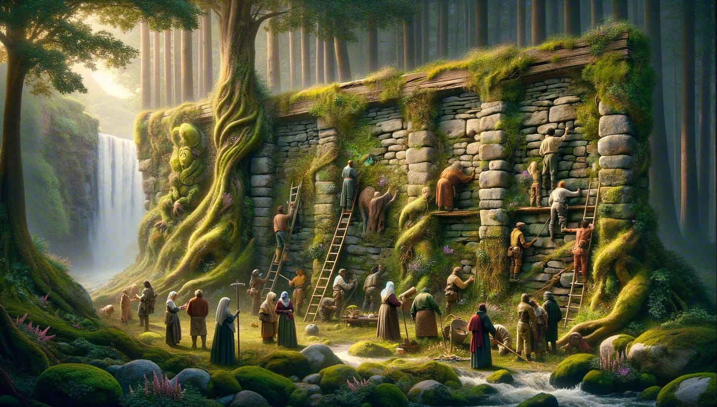This image depicts a fantastical scene reminiscent of a storybook setting. In the foreground, there are groups of people dressed in medieval-style clothing. Some are standing and conversing, while others are engaged in various activities such as tending to animals, including sheep and a pig. The central focus of the image is a large, ancient-looking stone wall with ruins integrated into a lush, green forest. The wall has several human figures on and around it, with some climbing ladders, and others seemingly carving into or repairing the stone structure. The wall is adorned with overgrown vegetation and large tree roots that give it an enchanted appearance. On the left, a majestic waterfall pours down into a river that flows in the foreground. The setting is illuminated by a soft, ethereal light that filters through the dense forest trees