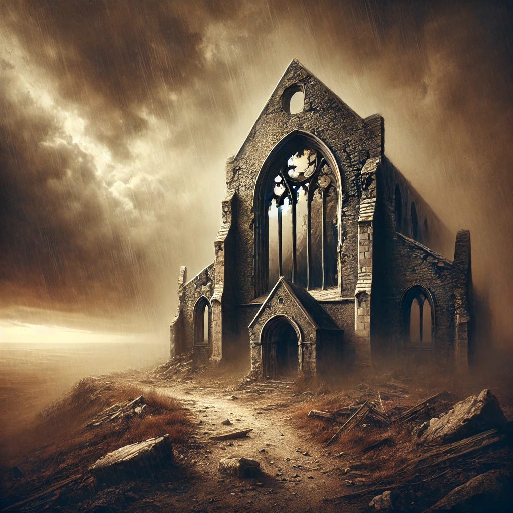 A dramatic and symbolic digital illustration of a desolate ruined church. The scene depicts an old stone church, abandoned and crumbling, with its roof partially collapsed and overgrown with weeds. The stained-glass windows are shattered, with broken fragments scattered across a dusty, barren ground. Heavy, ominous clouds fill the sky, casting deep shadows over the church and emphasizing the desolation. No figures are present, highlighting the sense of abandonment and isolation. A faint light from the sky barely illuminates the scene, offering a glimmer of hope amidst the decay. The overall color palette is muted, with shades of gray, brown, and subtle gold tones.