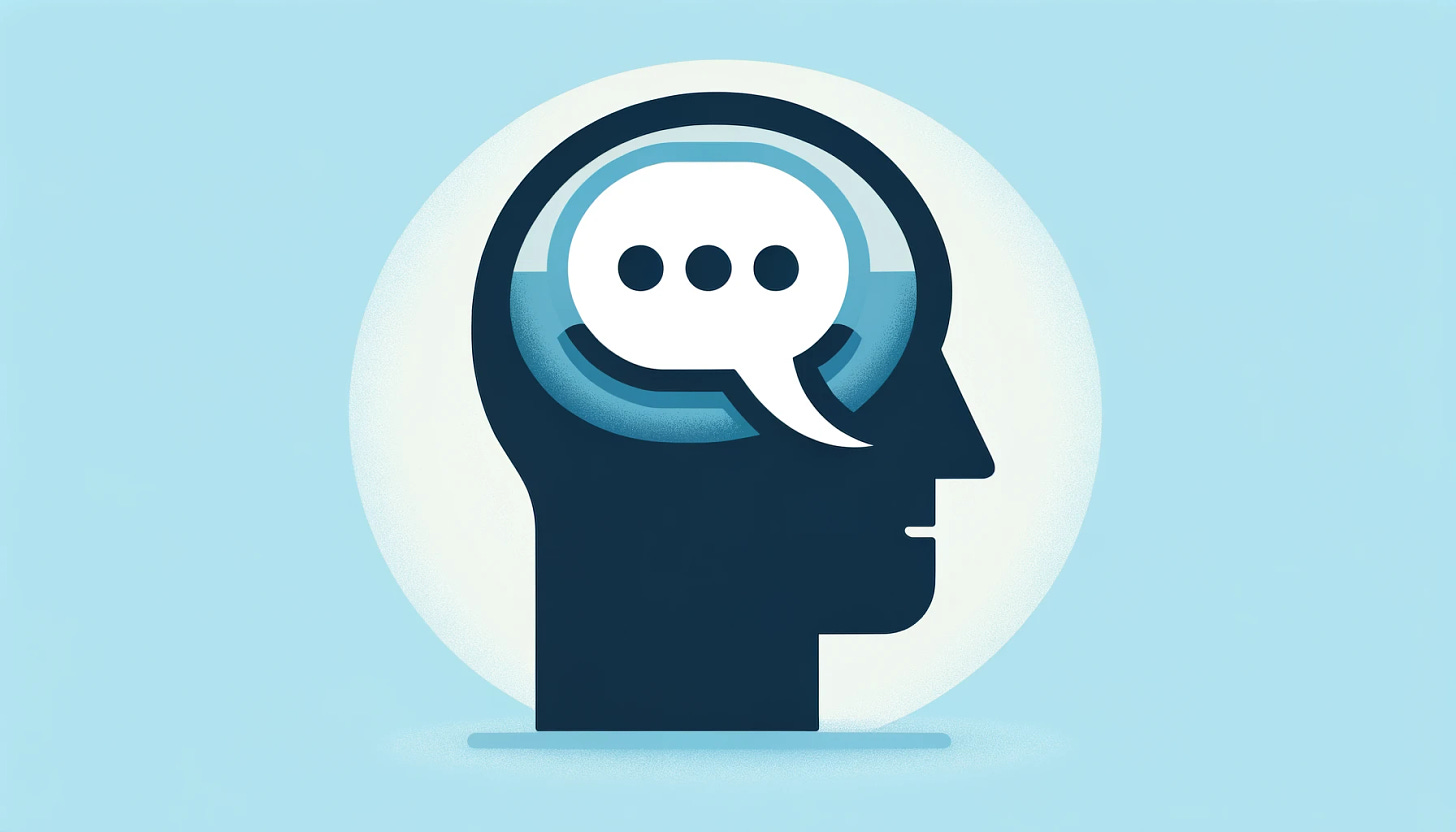 A flat design icon representing 'conversation in a customer's head' for a newsletter header. The icon is a large, stylized human head in profile, simplified and prominent, with a speech bubble inside, symbolizing internal conversation. The color palette consists of only three colors: #06b6d4 (sky blue) for the background, #ecfeff (pale cyan) for the speech bubble's details, and #0f172a (dark navy blue) for the head's main body. The design is clean, with no gradients, textures, words, letters, numbers, or additional details. The image is perfect for a resolution of 1920x1080.