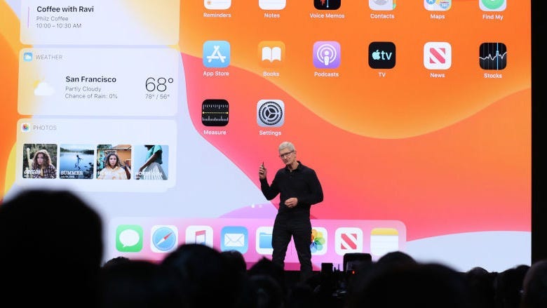 Tim Cook talking at an Apple conference