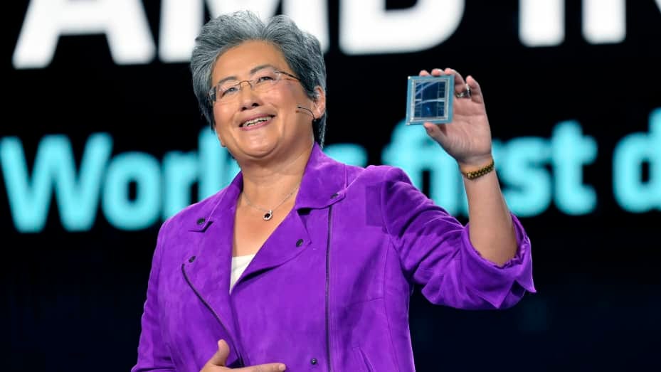 LAS VEGAS, NEVADA - JANUARY 04: AMD Chair and CEO Dr. Lisa Su displays an ADM Instinct M1300 chip as she delivers a keynote address at CES 2023 at The Venetian Las Vegas on January 04, 2023 in Las Vegas, Nevada. CES, the world's largest annual consumer technology trade show, runs from January 5-8 and features about 3,100 exhibitors showing off their latest products and services to more than 100,000 attendees. (Photo by David Becker/Getty Images) LAS VEGAS, NEVADA - JANUARY 04: AMD Chair and CEO Dr. Lisa Su displays an ADM Instinct M1300 chip as she delivers a keynote address at CES 2023 at The Venetian Las Vegas on January 04, 2023 in Las Vegas, Nevada. CES, the world's largest annual consumer technology trade show, runs from January 5-8 and features about 3,100 exhibitors showing off their latest products and services to more than 100,000 attendees. (Photo by David Becker/Getty Images)
