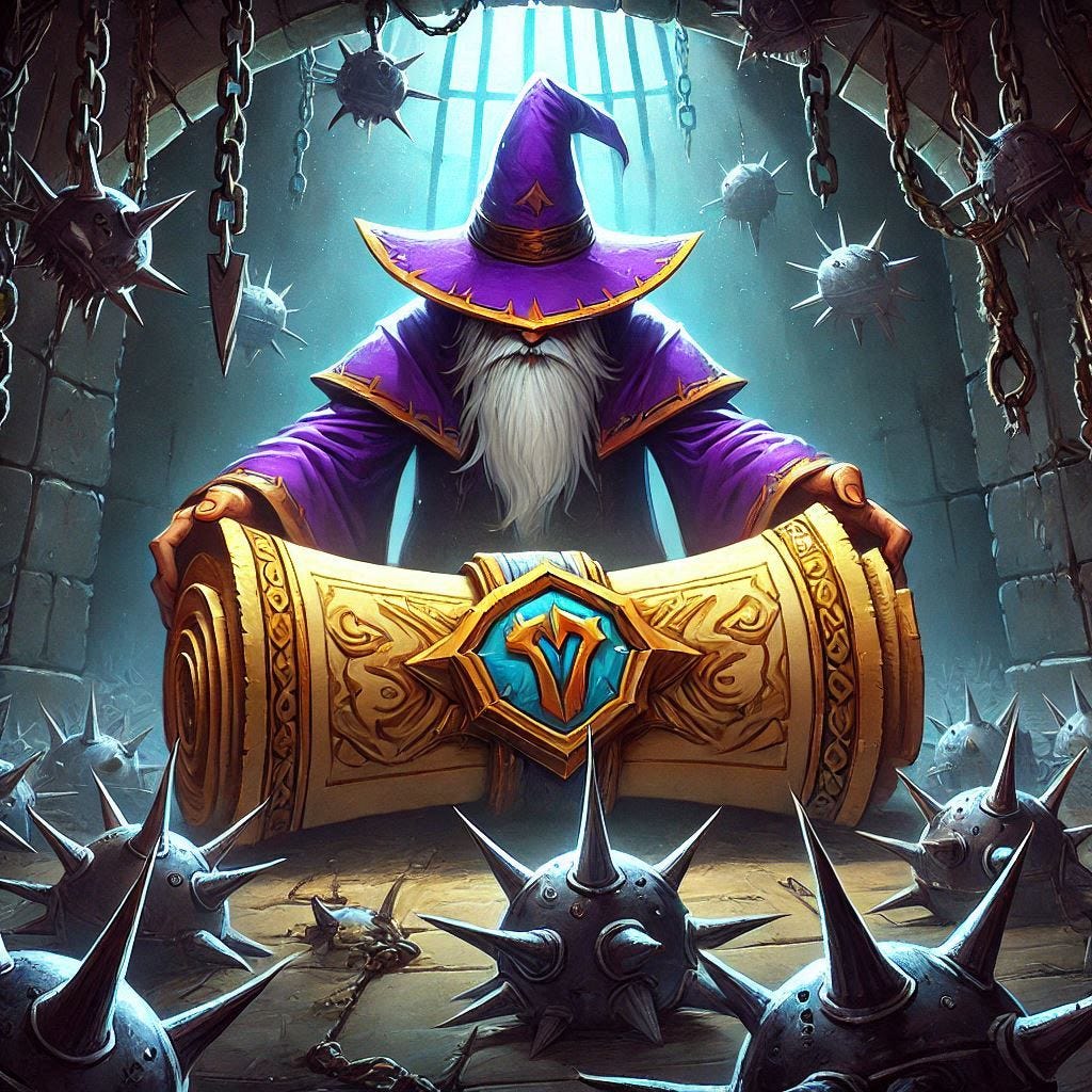 A wizard wearing purple opening a sealed legendary scroll in a dark dungeon full of spiky traps, World of Warcraft illustration