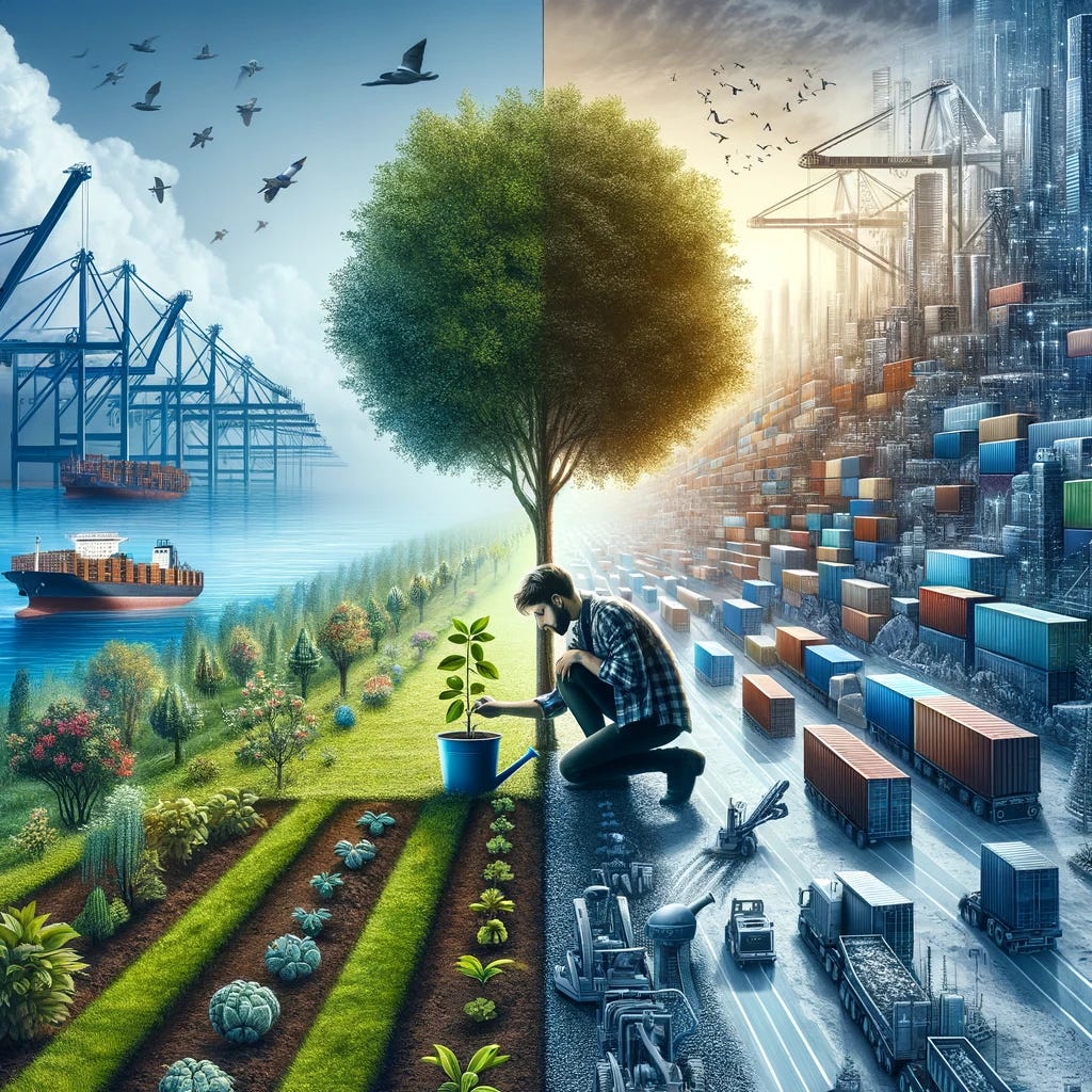 A digital artwork divided into two halves. On the left, an individual plants a tree in a small garden, symbolizing personal responsibility. The scene is serene, with vibrant greenery and a clear sky, emphasizing simplicity and the tangible impact of personal choices. The person kneels on the ground, a small sapling in hand, and a watering can nearby. The right side transitions to depict the complexity of the global logistic chain, with shipping containers, cargo ships, cranes loading goods, warehouses, and transportation like trucks and trains moving goods. This half is filled with industrial colors, grays, blues, and metallic sheens, contrasting against the organic greens and blues of the left side. The image captures the contrast and connection between personal actions and global systems.