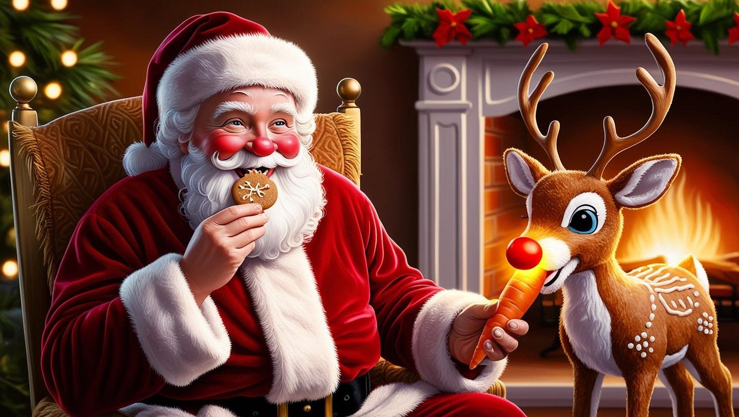 Father Christmas eating a cookie, sat in a chair by the fire.  He is feeding Rudolph the reindeer a carrot.