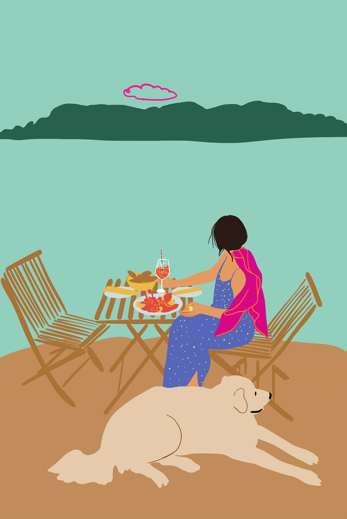 Woman enjoying beautiful seascape with island in the distance while she sits at a table with her dog at her feet enjoying a glass of wine and lunch.