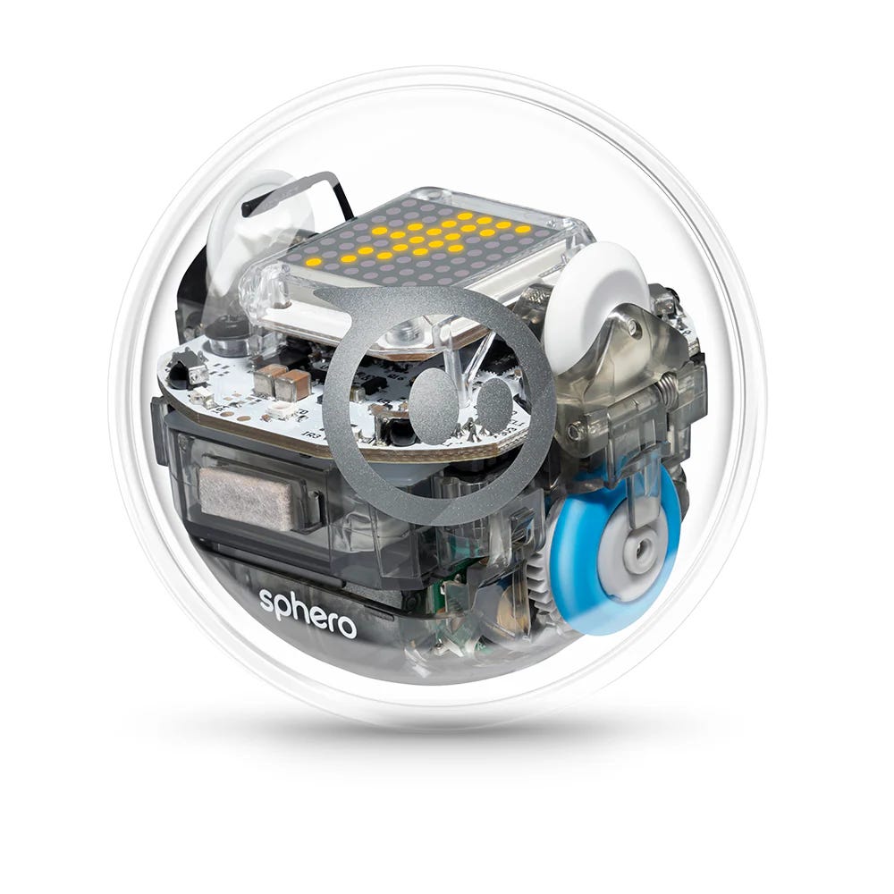 A clear Sphero robot, showing the inside parts.