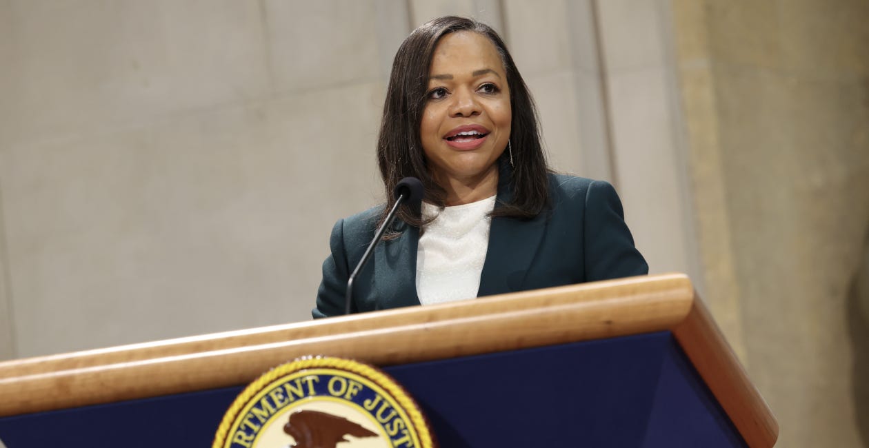 WASHINGTON, DC - MAY 14: U.S. Assistant Attorney General Kristen Clarke delivers remarks during an event honoring the anniversary of the Brown v. Board of Education Supreme Court decision, at the Justice Department on May 14, 2024 in Washington, DC. (Photo: Kevin Dietsch/Getty Images)