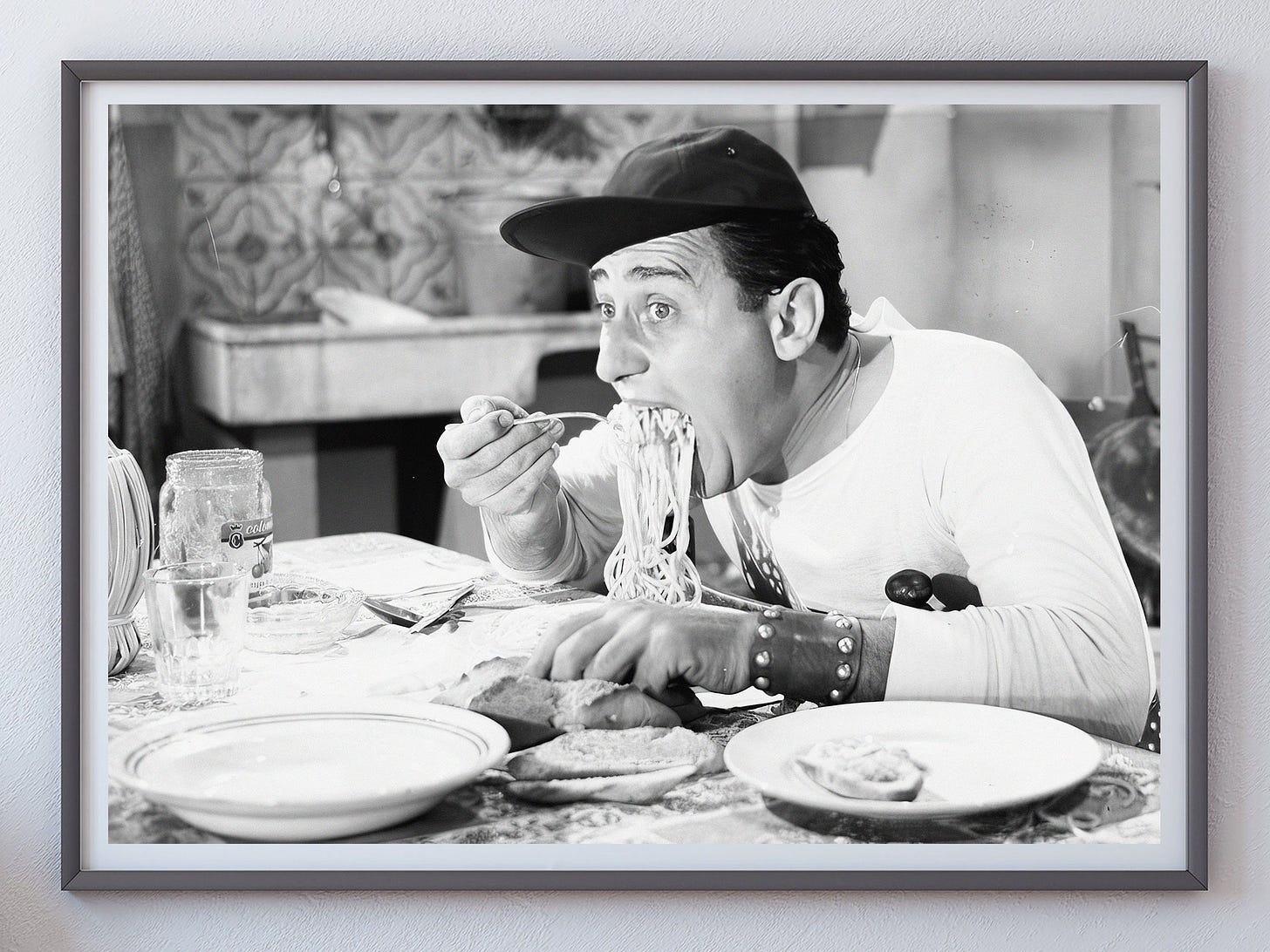 Italian Man Eating Spaghetti Poster, Black and White ...