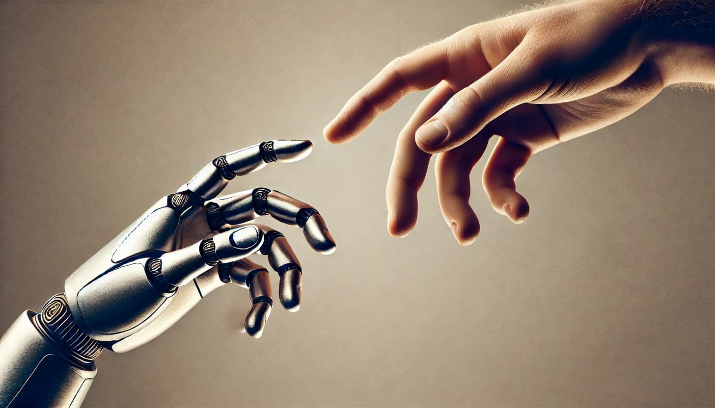 A realistic depiction of a human finger and a robot's metallic finger reaching out toward each other, inspired by Michelangelo's The Creation of Adam. The composition is minimal and muted, with soft, diffused lighting highlighting the textures of the human skin and the polished metal of the robotic finger. The background is a neutral, seamless beige gradient, emphasizing the emotional connection between the fingers. The image is shot with a Sony A7R IV using a macro lens to capture detailed close-up textures. The color palette is subdued, balancing natural skin tones and silvery metallic hues.