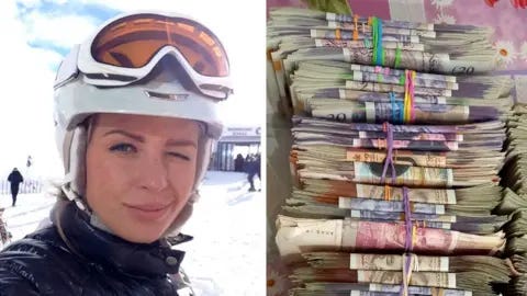 NCA A split image, with Ekaterina Zhdanova on the ski slopes, winking at the camera, on the left, and bundles of cash on the right 