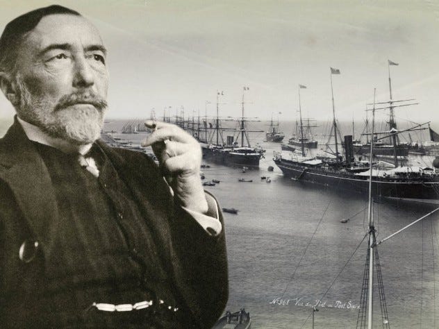 Joseph Conrad in 1916. In the background, ships entering the Suez Canal, circa 1888-90: harbingers of globalization 